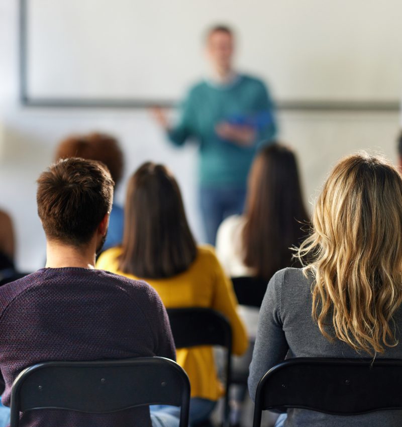 Back view of large group of creative colleagues having an education event in board room. The view is through glass.